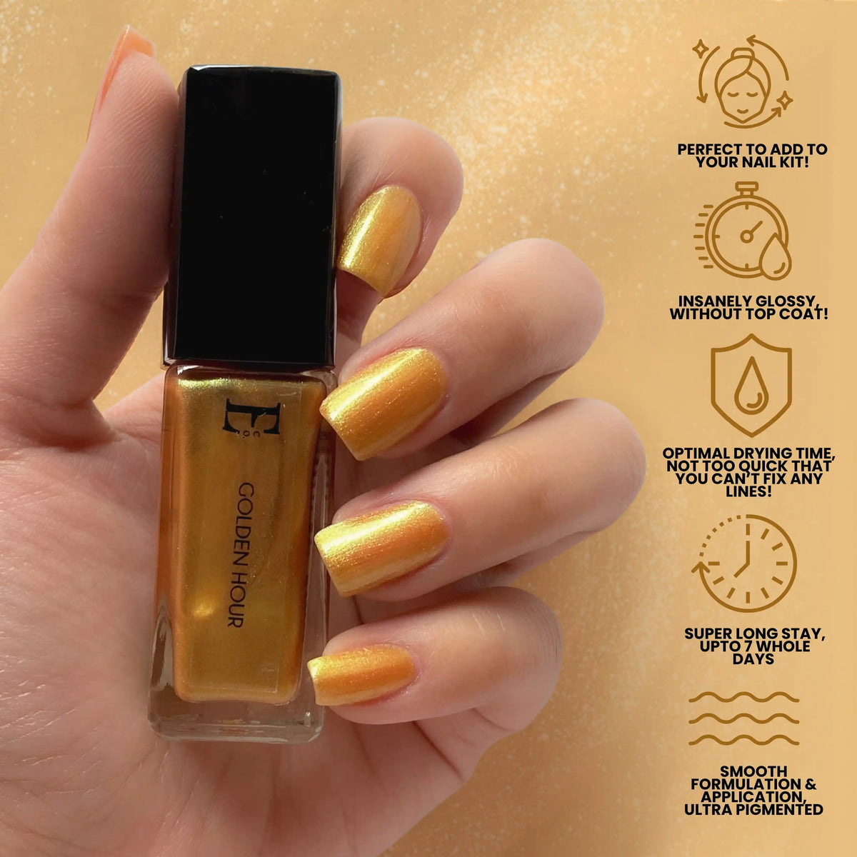 Golden Hour Vegan Gold Nail Polish – Chip-Resistant, Glittery Finish, Gel-Like Shine, Long-Lasting 6
