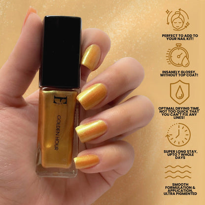 Golden Hour Vegan Gold Nail Polish – Chip-Resistant, Glittery Finish, Gel-Like Shine, Long-Lasting 6