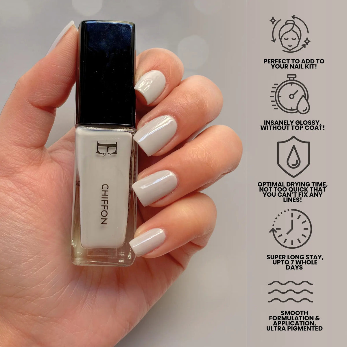 Chiffon Grey Vegan Nail Polish – Chip-Resistant, Pastel Color, Non-Yellowing, Gel-Like Shine, Long-Lasting 5