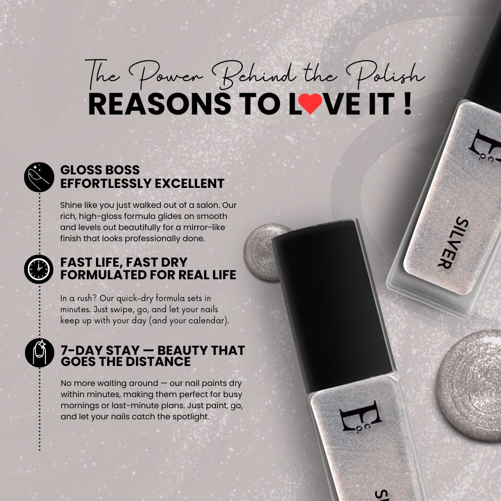 Silver Vegan Nail Polish – Chip-Resistant, Non-Yellowing, Gel-Like Mirror Finish, Long-Lasting