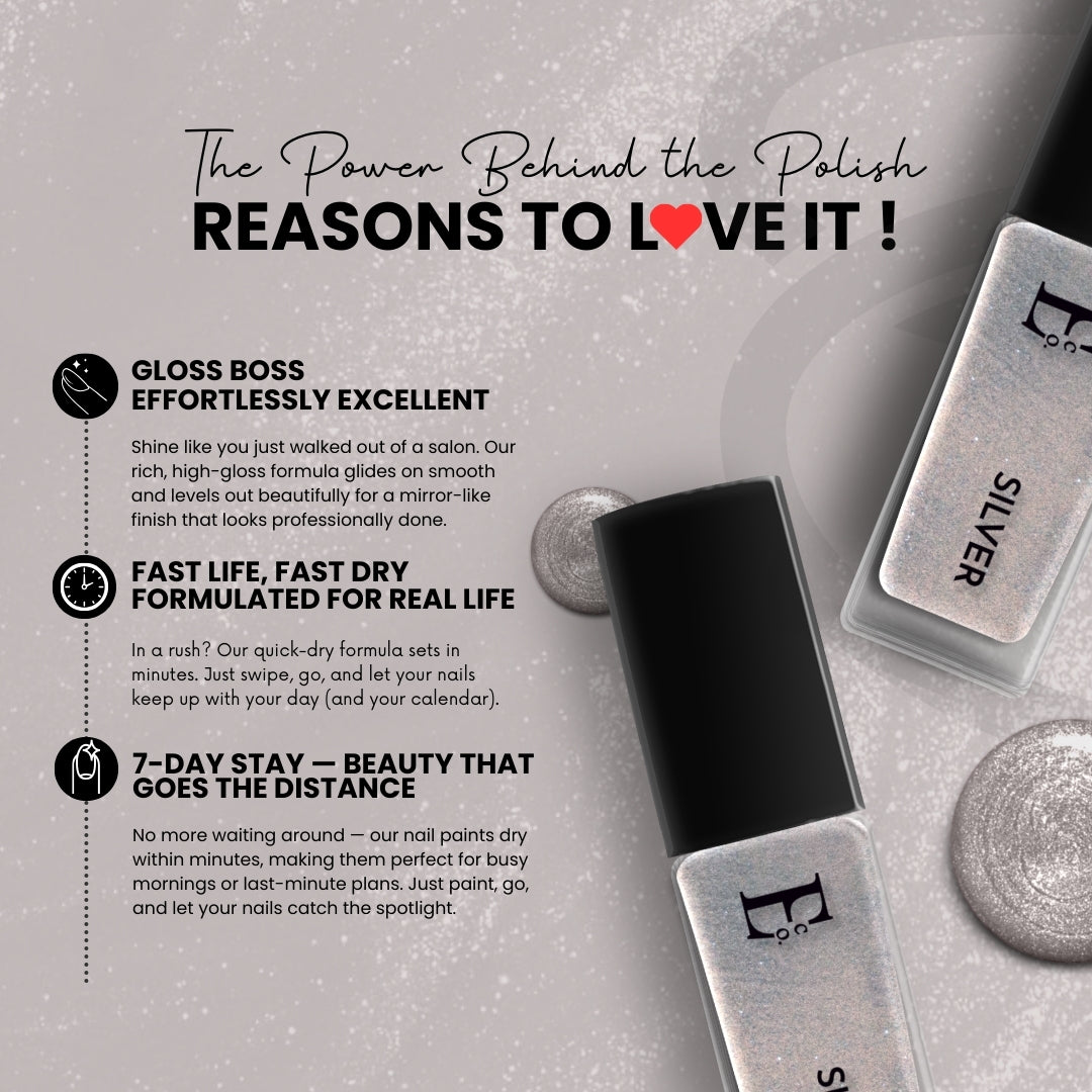 Silver Vegan Nail Polish – Chip-Resistant, Non-Yellowing, Gel-Like Mirror Finish, Long-Lasting