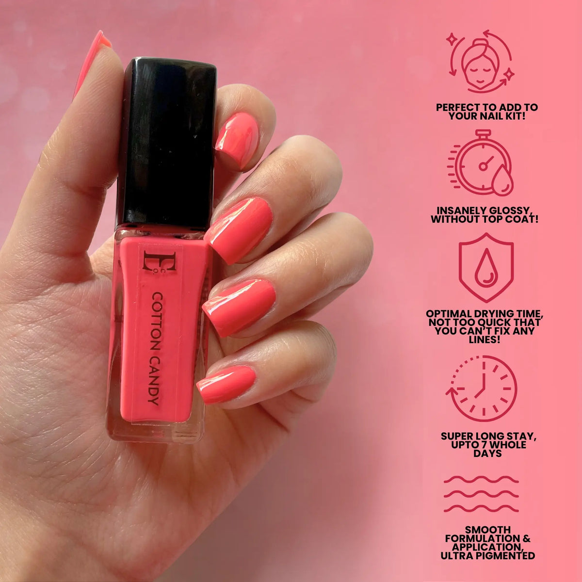 Cotton Candy Vegan Hot Pink Nail Polish – Chip-Resistant, Non-Yellowing, Gel-Like Shine, Long-Lasting 6