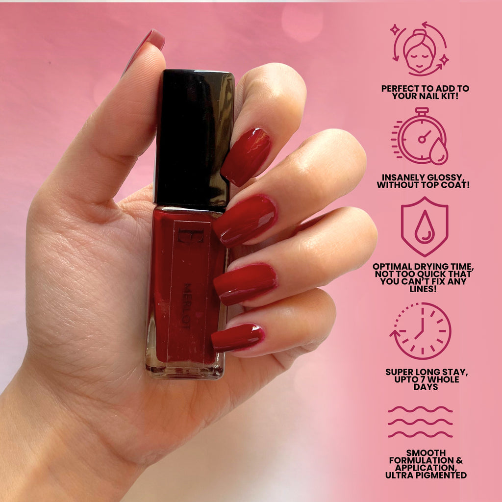 Merlot Vegan Maroon Nail Polish – Chip-Resistant, Non-Yellowing, Gel-Like Shine, Long-Lasting