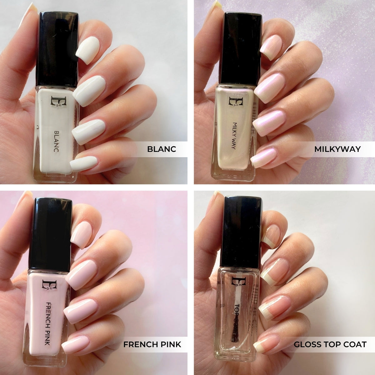 Timeless Elegance Nail Polish Set – French Pink, Blanc White, Milky Way Holographic Chrome & Gloss Top Coat
