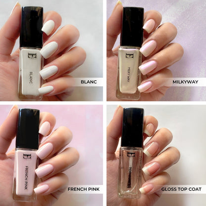 Timeless Elegance Nail Polish Set – French Pink, Blanc White, Milky Way Holographic Chrome & Gloss Top Coat