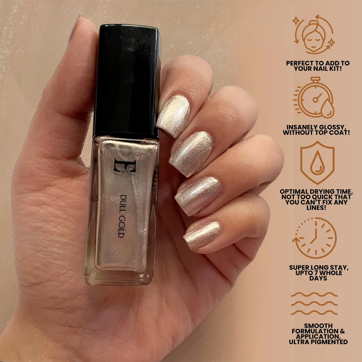 Dull Gold Vegan Nail Polish – Chip-Resistant, Metallic Shimmer, Gel-Like Shine, Long-Lasting 6