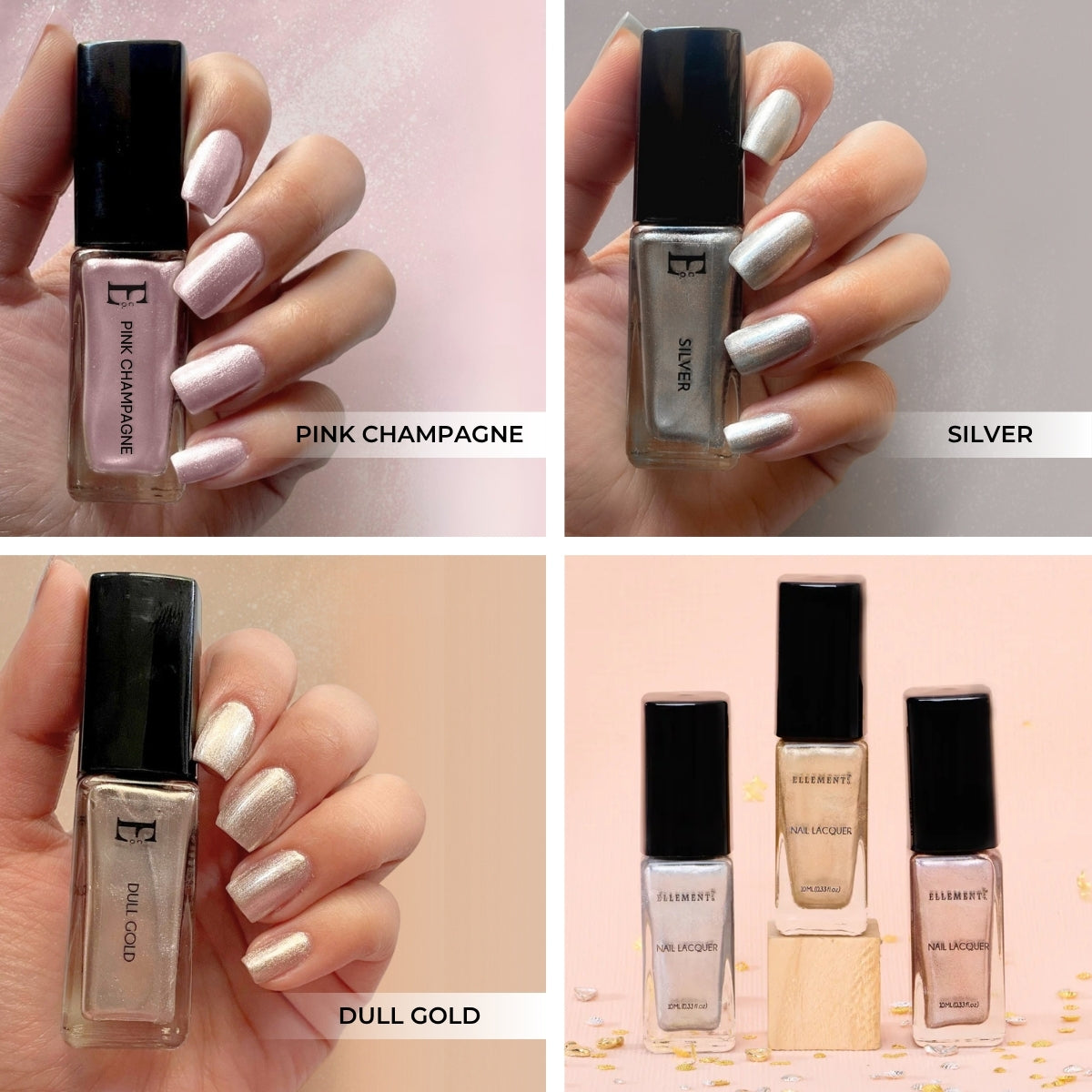 Celestial Shimmer Nail Polish Set, Silver, Dull Gold, Pink Champagne, Sparkling Colors, Set of 3
