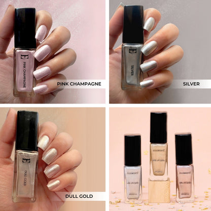 Celestial Shimmer Nail Polish Set, Silver, Dull Gold, Pink Champagne, Sparkling Colors, Set of 3