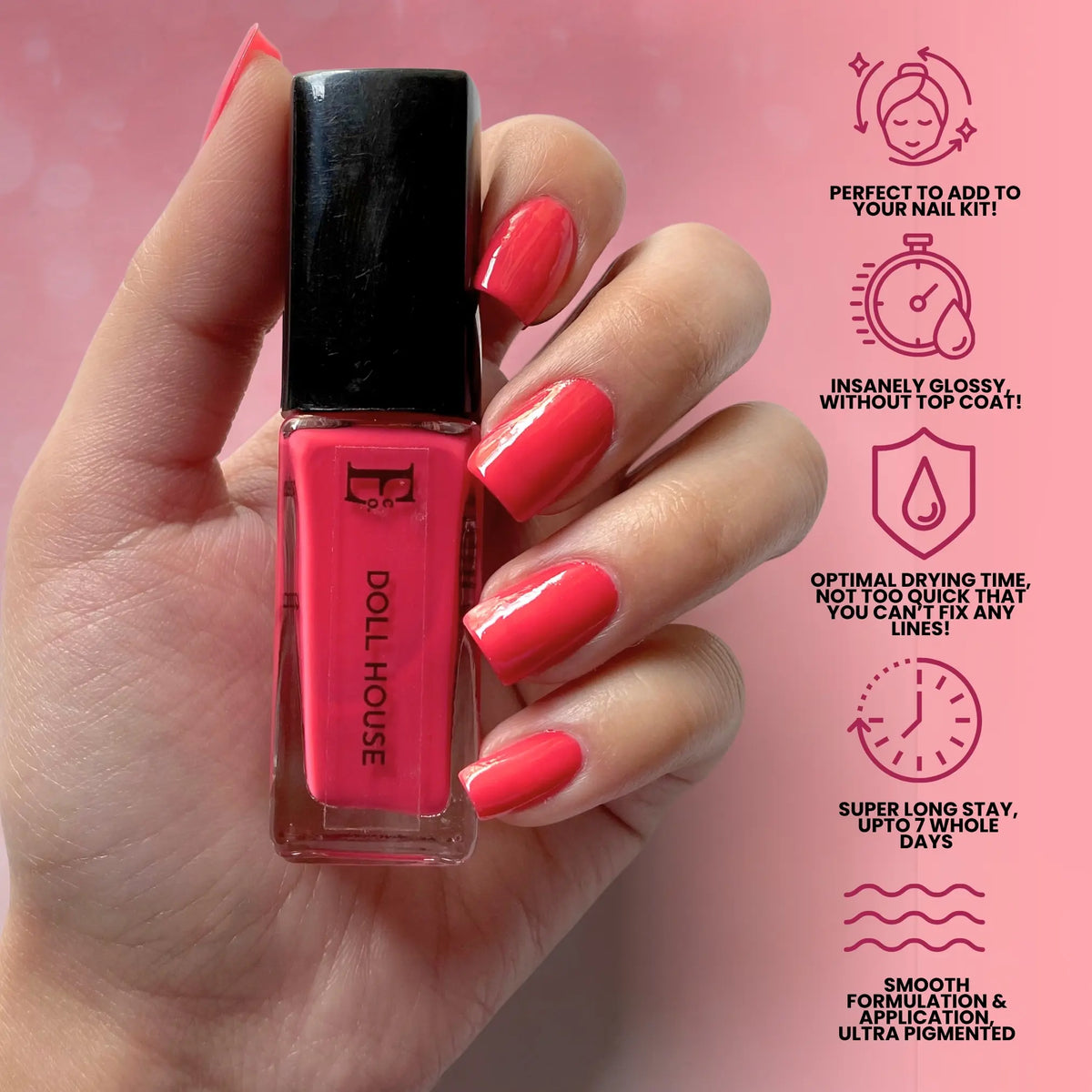 Doll House Vegan Pink Nail Polish – Chip-Resistant, Non-Yellowing, Gel-Like Shine, Long-Lasting 4