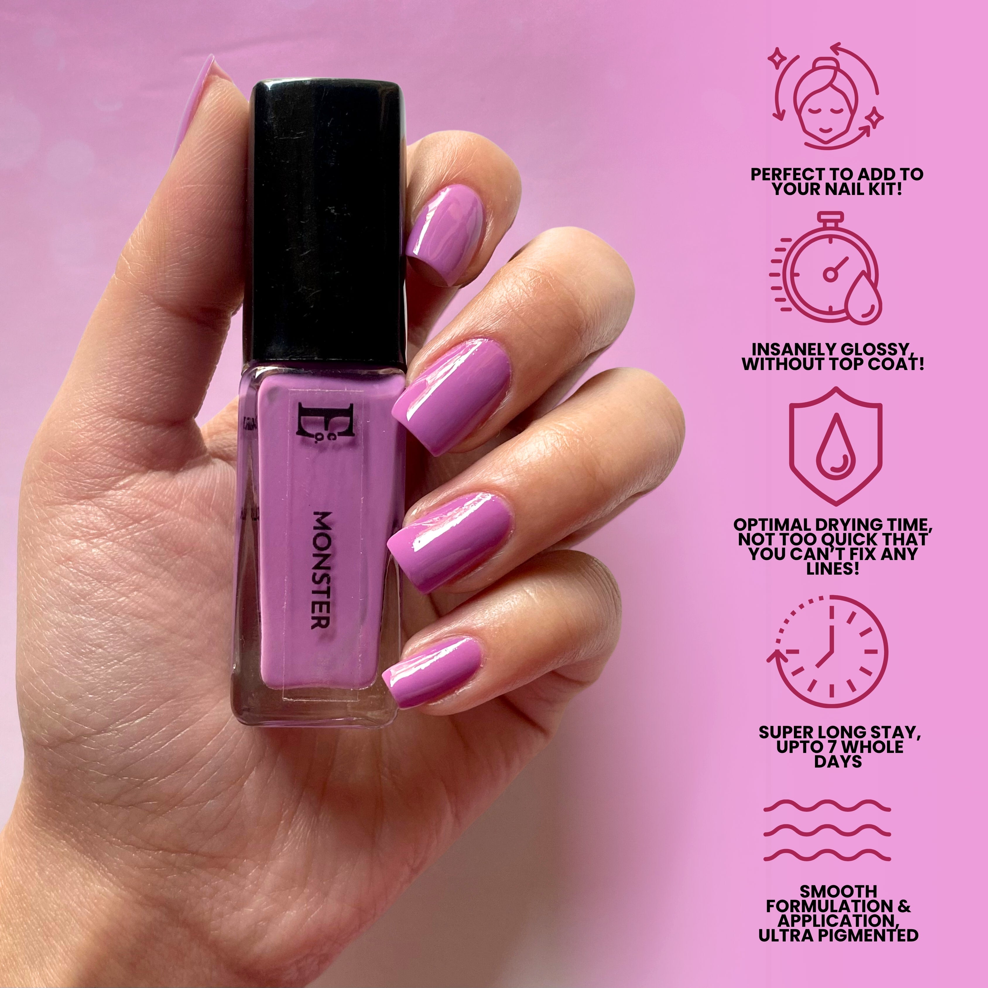 Monster Vegan Purple Nail Polish – Chip-Resistant, Non-Yellowing, Gel-Like Shine, Long-Lasting, Neon