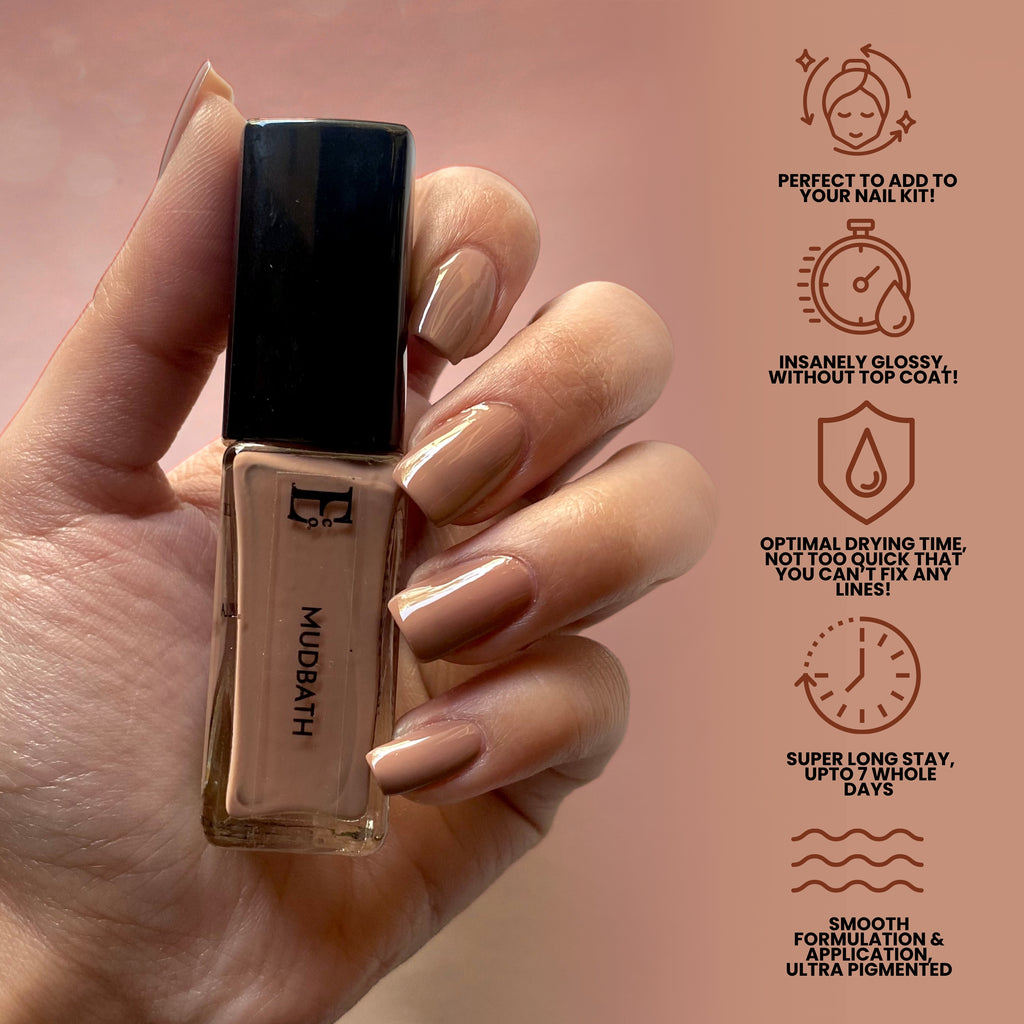 Mudbath Vegan Beige Nude Nail Polish – Chip-Resistant, Non-Yellowing, Gel-Like Shine, Long-Lasting