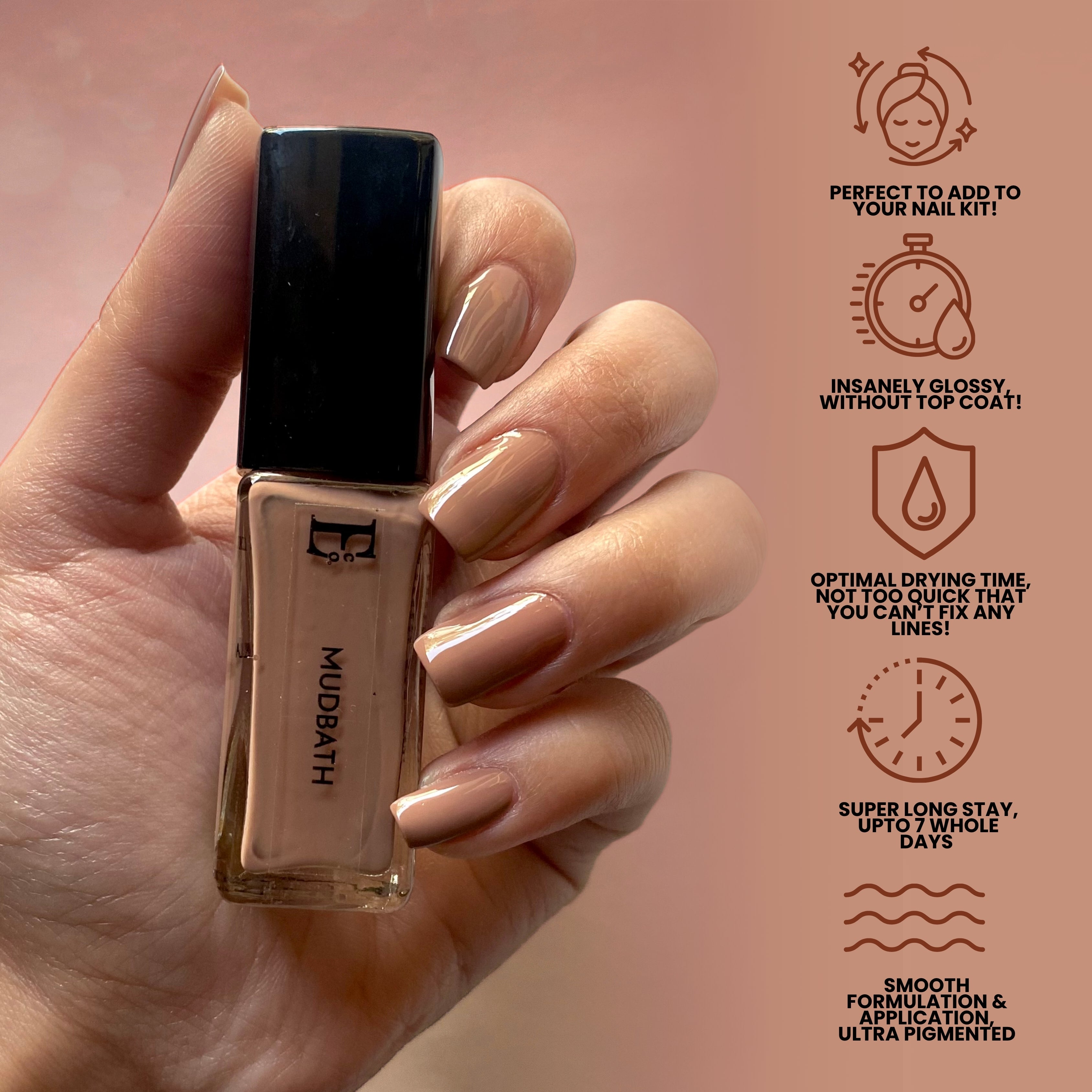 Mudbath Vegan Beige Nude Nail Polish – Chip-Resistant, Non-Yellowing, Gel-Like Shine, Long-Lasting