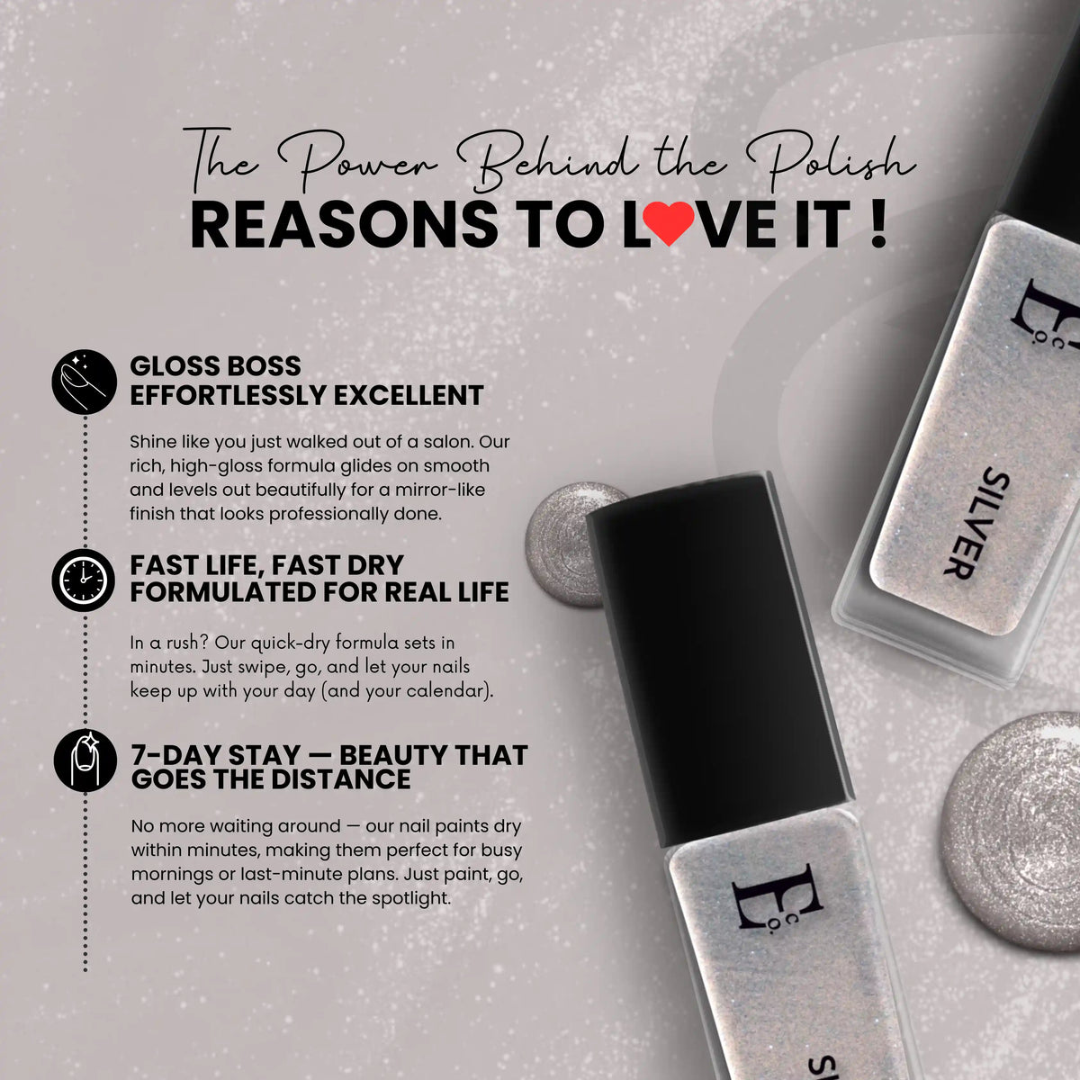 Silver Vegan Nail Polish – Chip-Resistant, Non-Yellowing, Gel-Like Mirror Finish, Long-Lasting 3