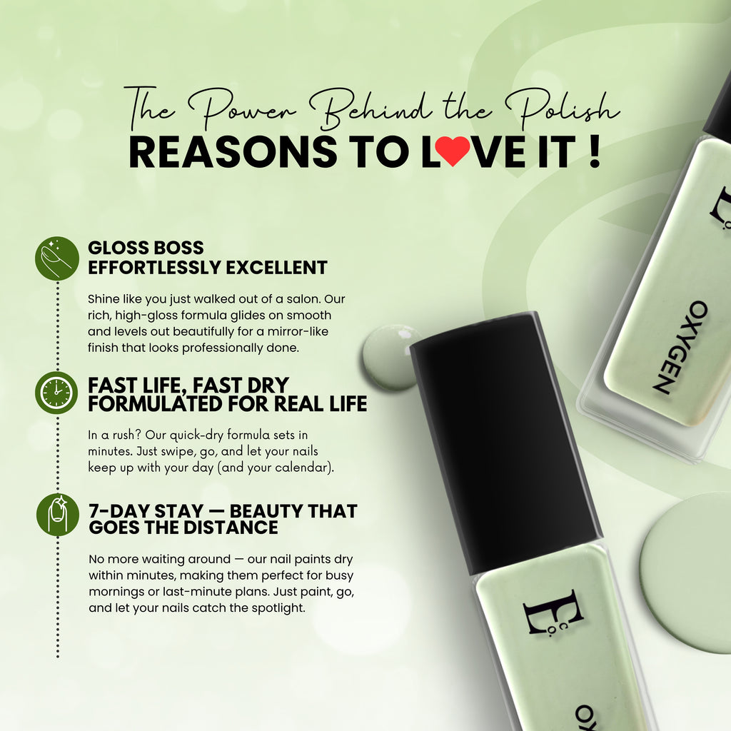 Oxygen Vegan Light Green Nail Polish – Chip-Resistant, Non-Yellowing, Gel-Like Shine, Long-Lasting