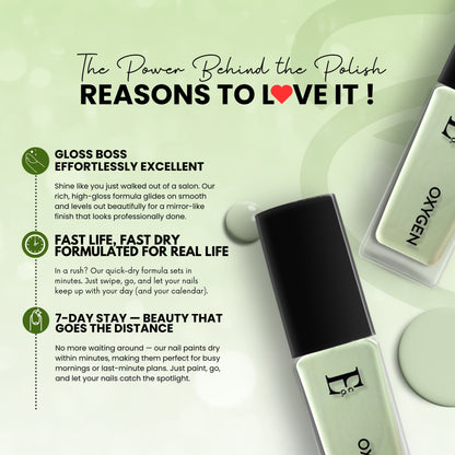 Oxygen Vegan Light Green Nail Polish – Chip-Resistant, Non-Yellowing, Gel-Like Shine, Long-Lasting