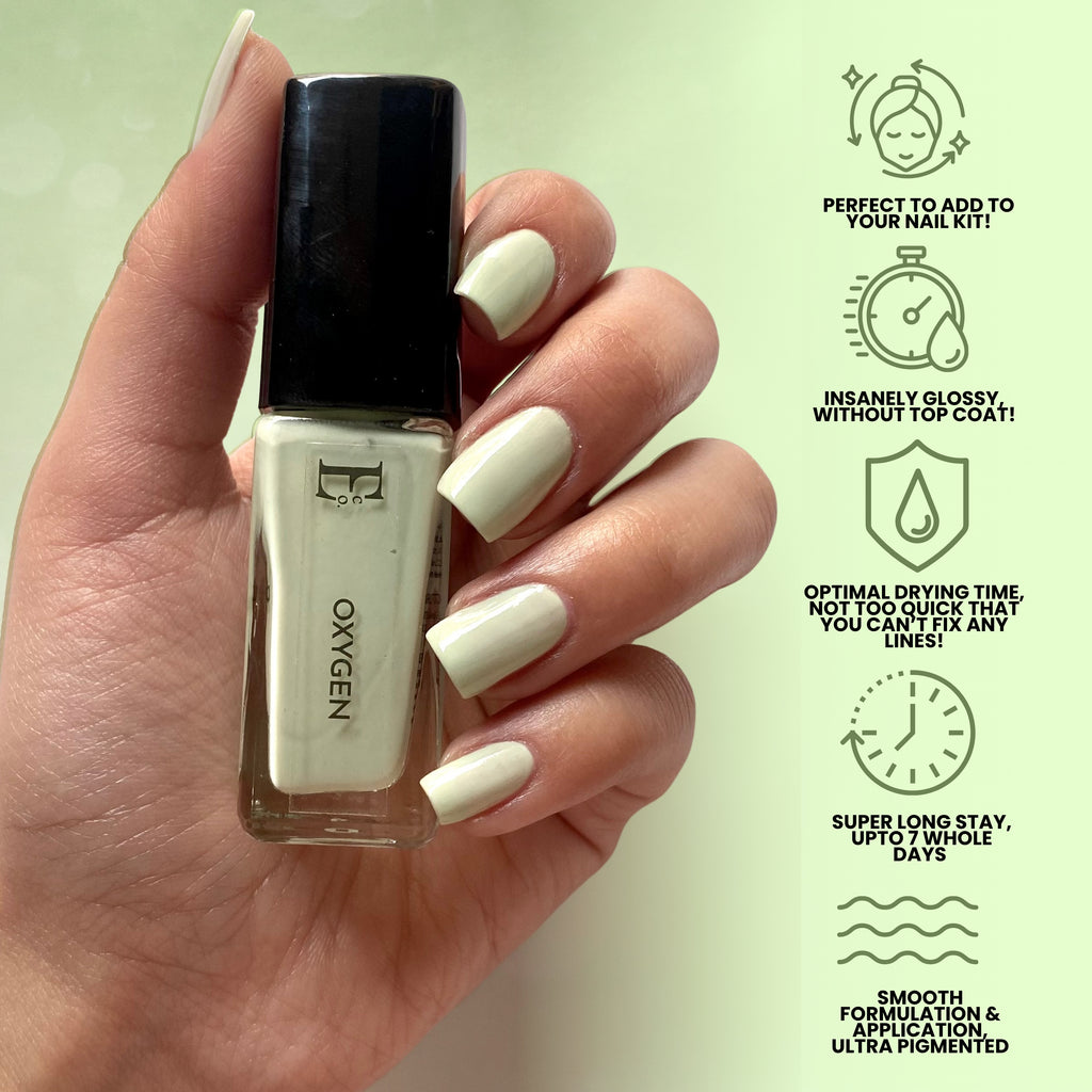 Oxygen Vegan Light Green Nail Polish – Chip-Resistant, Non-Yellowing, Gel-Like Shine, Long-Lasting