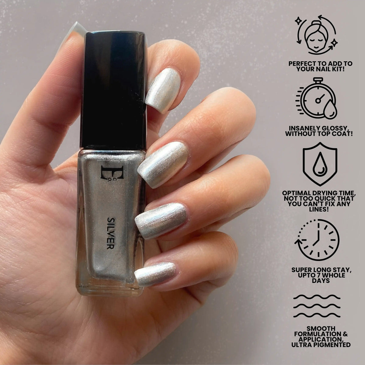 Silver Vegan Nail Polish – Chip-Resistant, Non-Yellowing, Gel-Like Mirror Finish, Long-Lasting 6