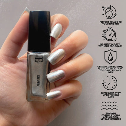 Silver Vegan Nail Polish – Chip-Resistant, Non-Yellowing, Gel-Like Mirror Finish, Long-Lasting 6