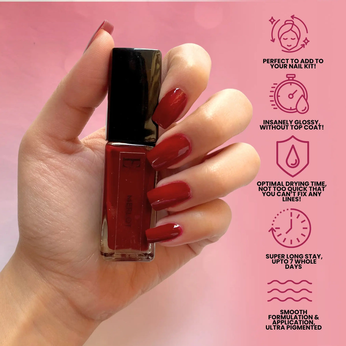 Merlot Vegan Maroon Nail Polish – Chip-Resistant, Non-Yellowing, Gel-Like Shine, Long-Lasting 5