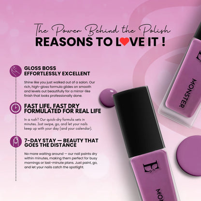 Monster Vegan Purple Nail Polish – Chip-Resistant, Non-Yellowing, Gel-Like Shine, Long-Lasting, Neon 3