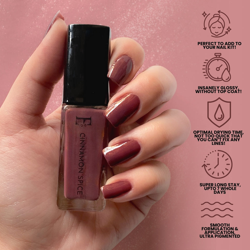 Cinnamon Spice Vegan Light Maroon Nail Polish – Chip-Resistant, Non-Yellowing, Metallic Shimmer, Long-Lasting