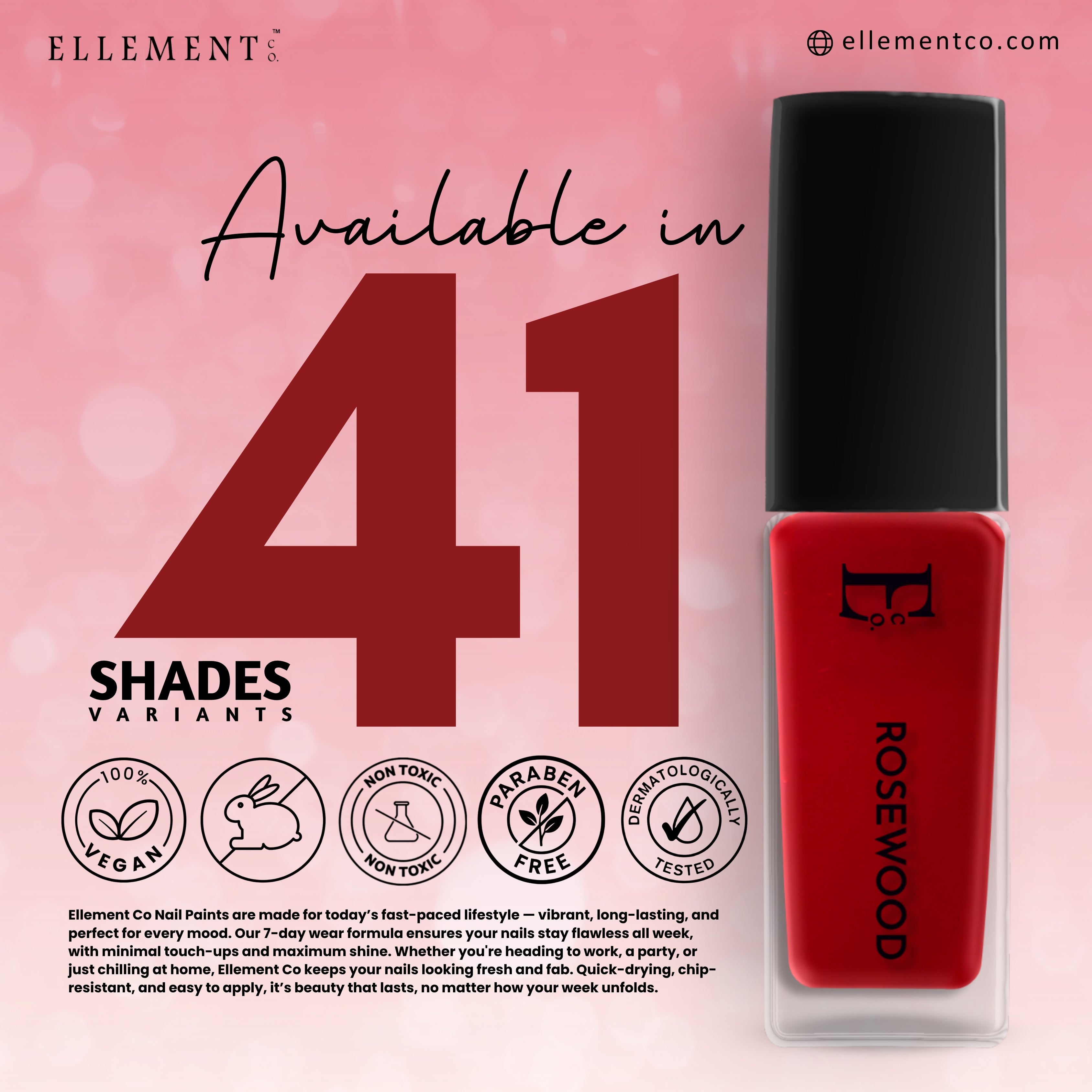 Rosewood Vegan Dark Red Nail Polish – Chip-Resistant, Non-Yellowing, Gel-Like Shine, Long-Lasting