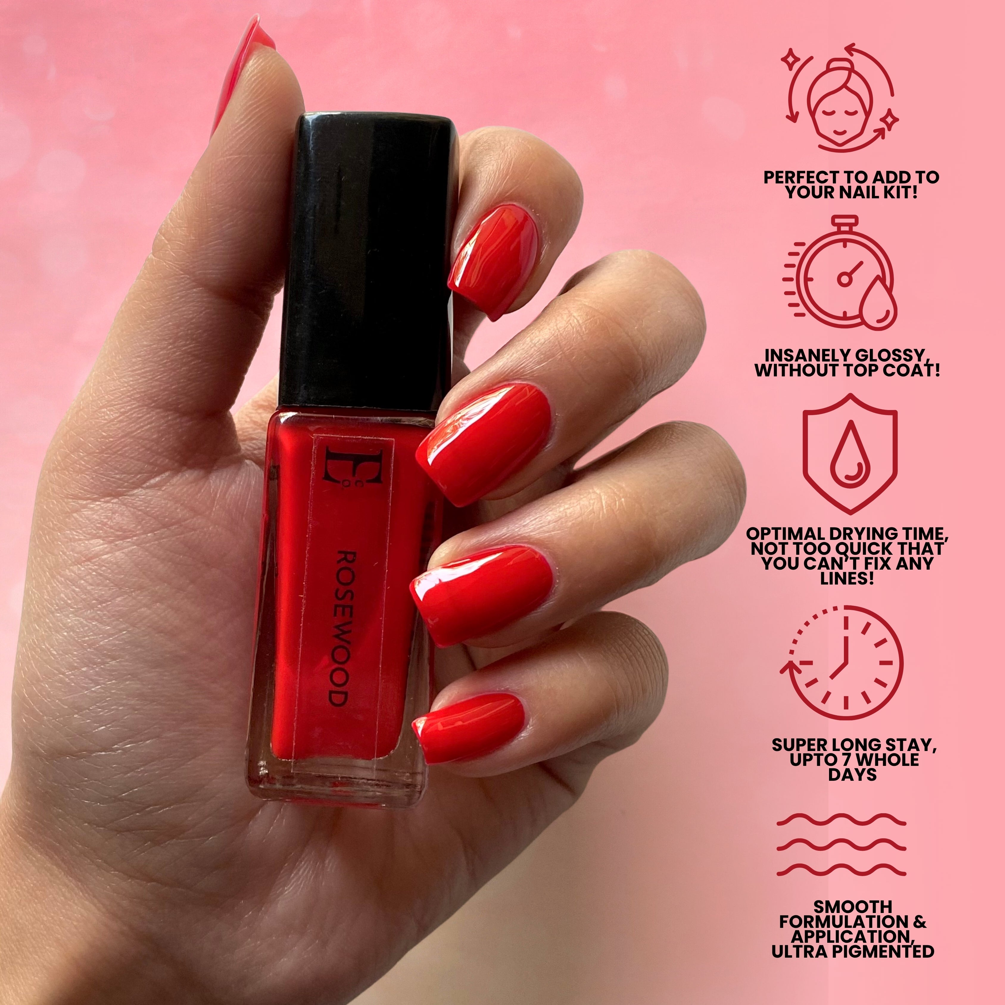 Rosewood Vegan Dark Red Nail Polish – Chip-Resistant, Non-Yellowing, Gel-Like Shine, Long-Lasting