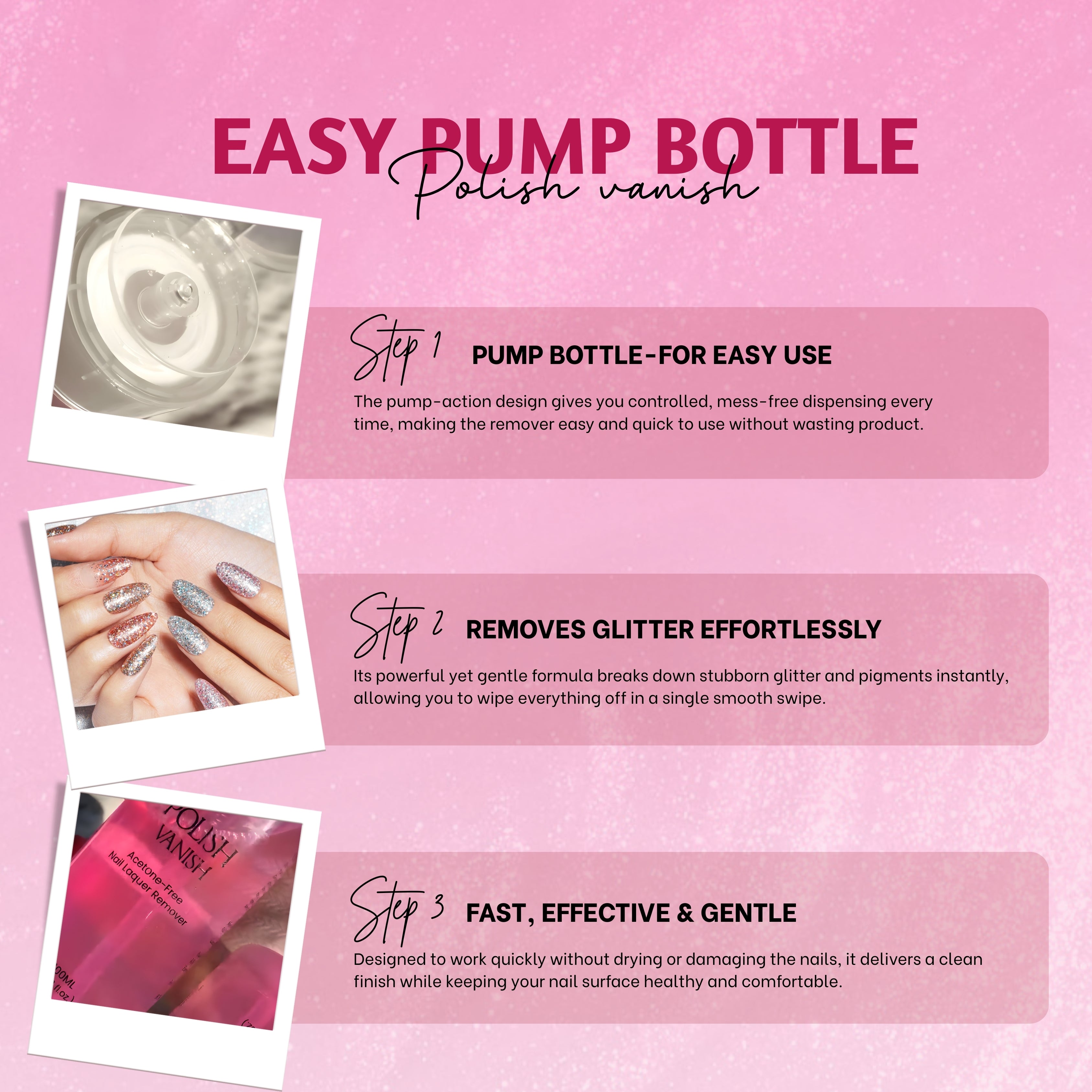 Polish Vanish Acetone-Free Nail Polish Remover – Gentle, Nourishing Formula for Easy Removal of Tough Colors & Glitter