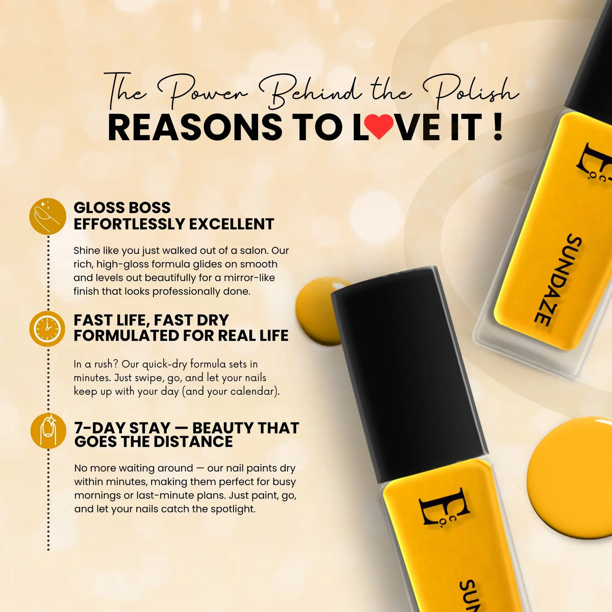 Sundaze Vegan Pop Yellow Nail Polish – Chip-Resistant, Intense Color, Gel-Like Shine, Long-Lasting 4