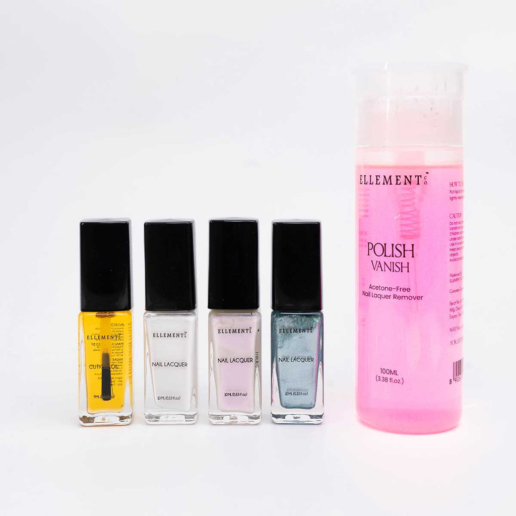 Celestial Glow Gift Hamper – 3 Nail Polishes (Milky Way, Blanc, Twilight) with Cuticle Oil & Polish Vanish.