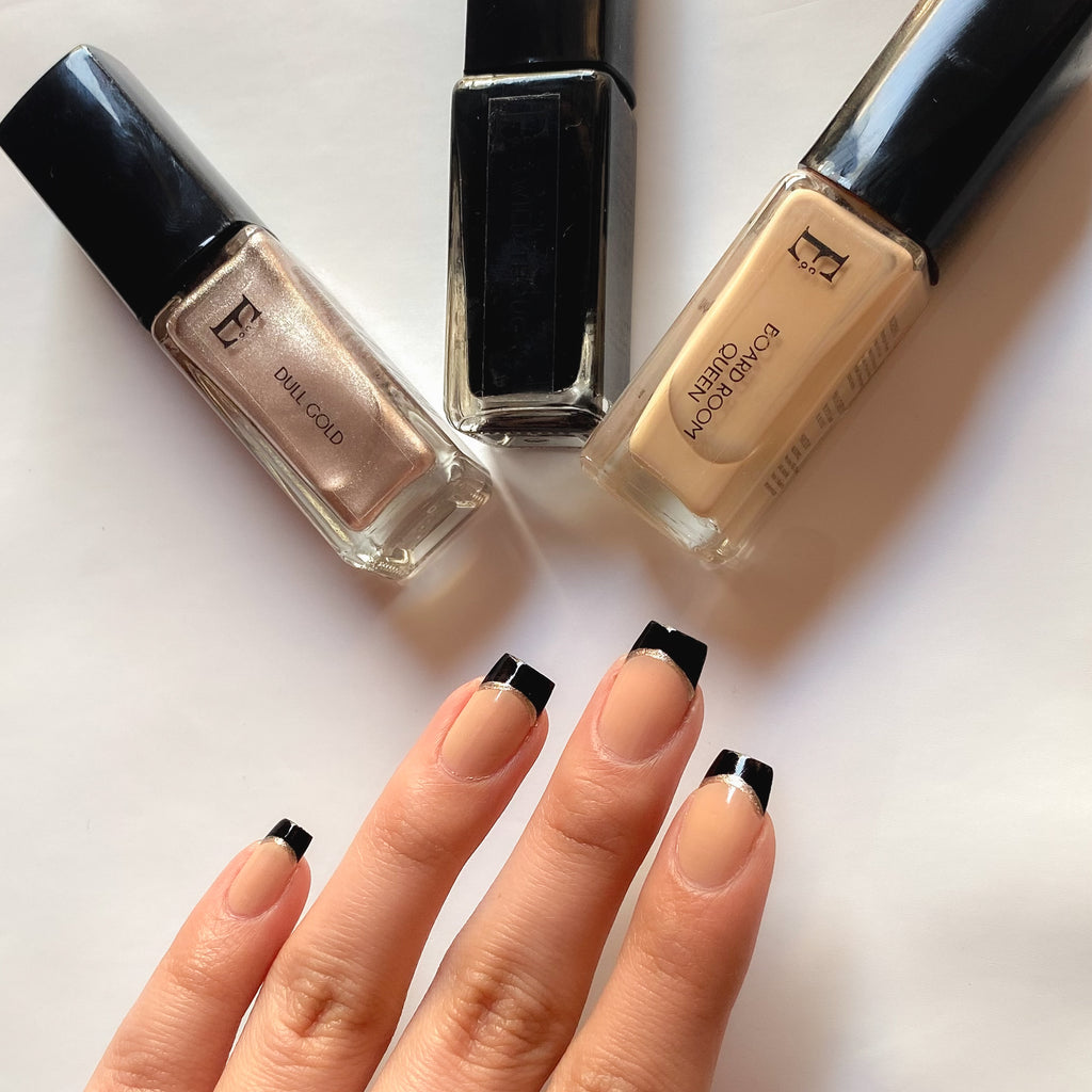 In Your Ellement Nail Polish Set – Black, Gold, and Nude Shades for Classic French Twist Designs