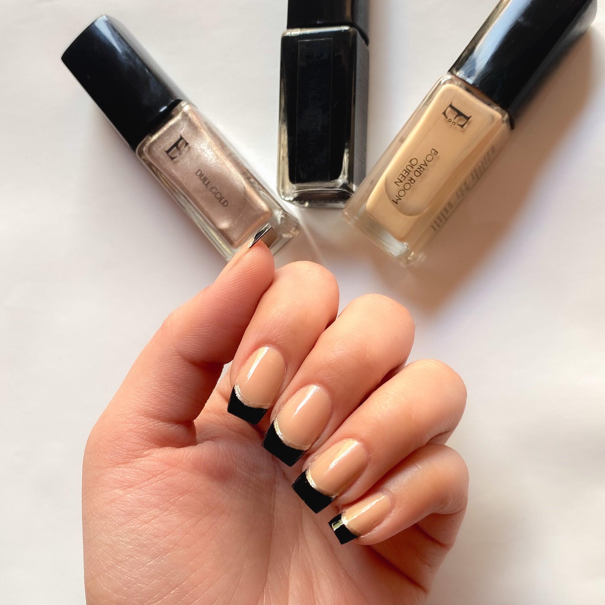 In Your Ellement Nail Polish Set – Black, Gold, and Nude Shades for Classic French Twist Designs