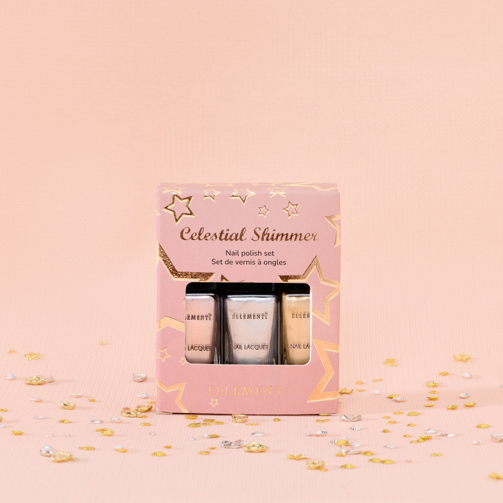 Celestial Shimmer Nail Polish Set, Silver, Dull Gold, Pink Champagne, Sparkling Colors, Set of 3