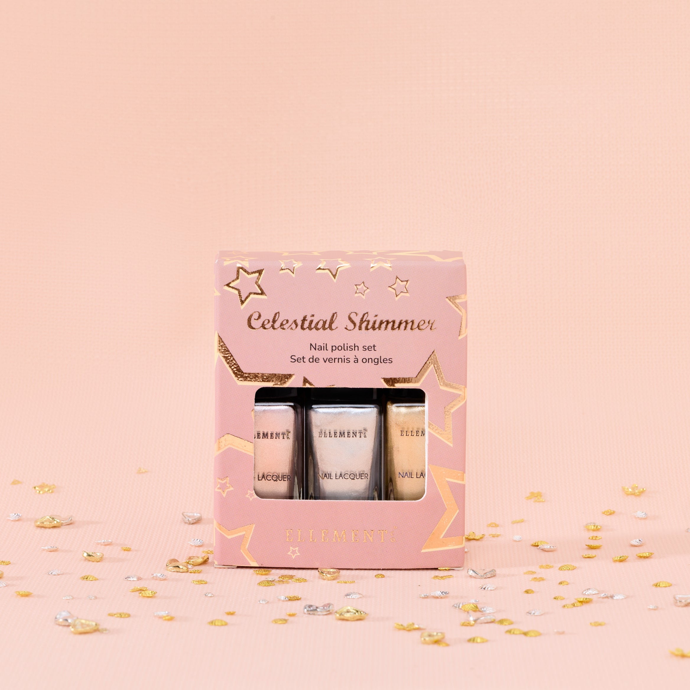 Celestial Shimmer Nail Polish Set, Silver, Dull Gold, Pink Champagne, Sparkling Colors, Set of 3