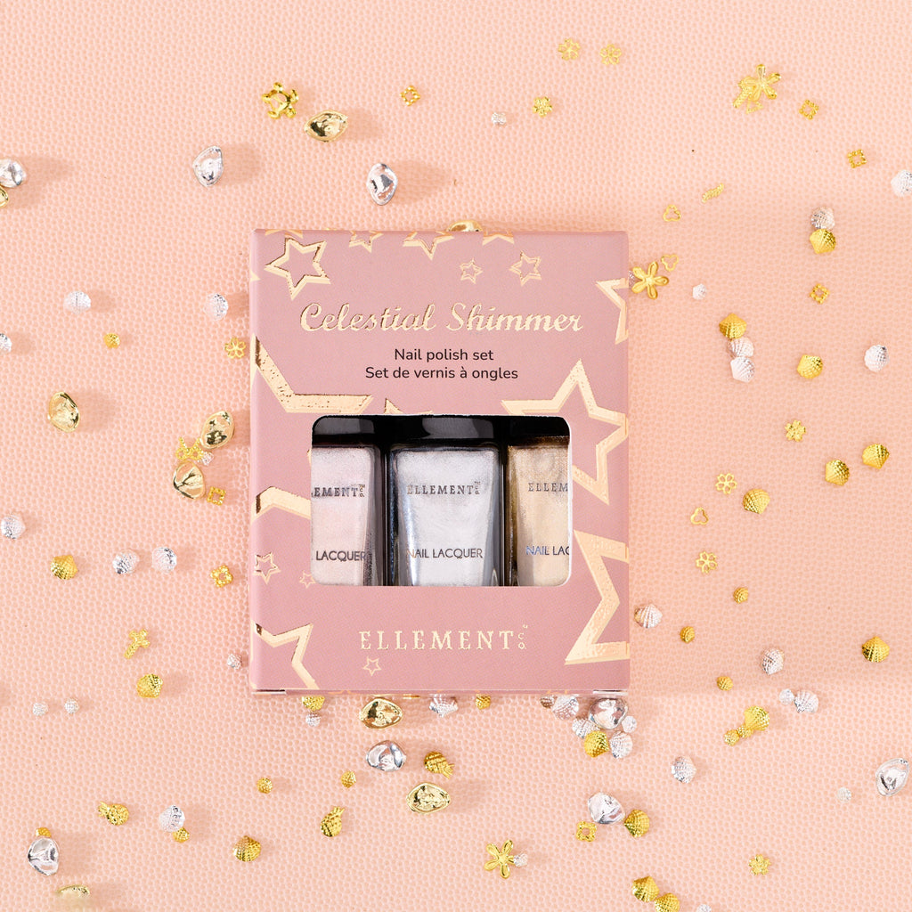 Celestial Shimmer Nail Polish Set, Silver, Dull Gold, Pink Champagne, Sparkling Colors, Set of 3