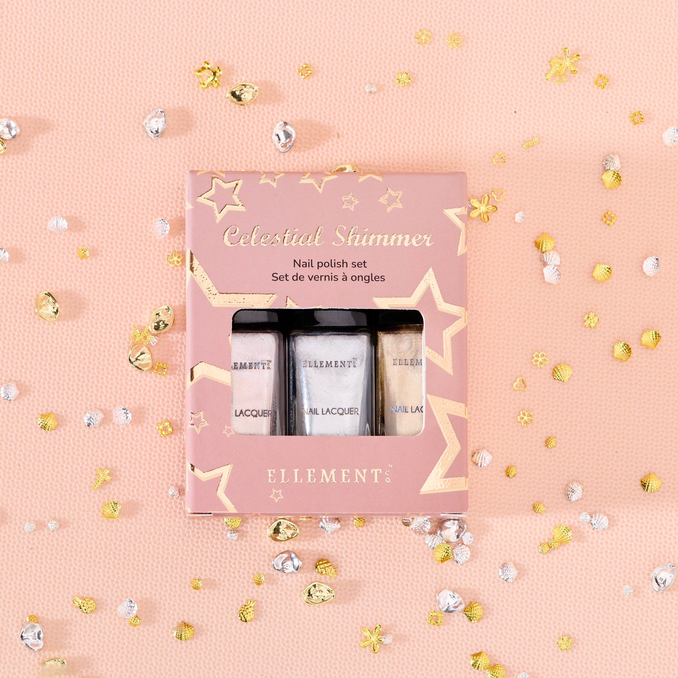 Celestial Shimmer Nail Polish Set, Silver, Dull Gold, Pink Champagne, Sparkling Colors, Set of 3