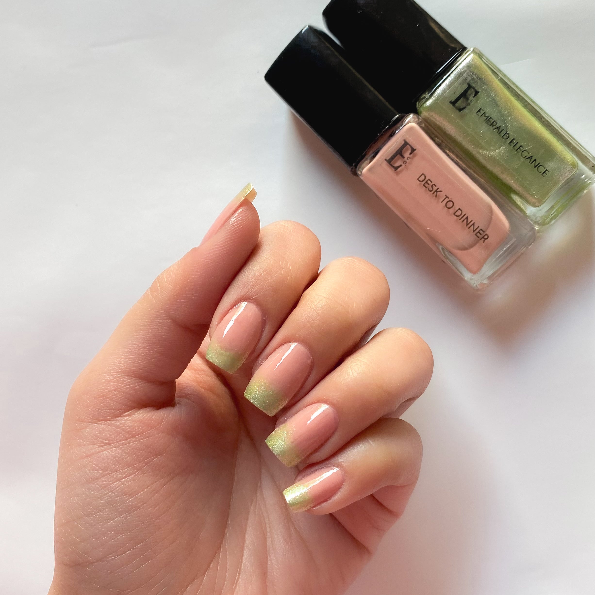 Sublime Shimmer Nail Polish Set – Nude and Metallic Green Shades for Elegant, Long-Lasting Nail Art