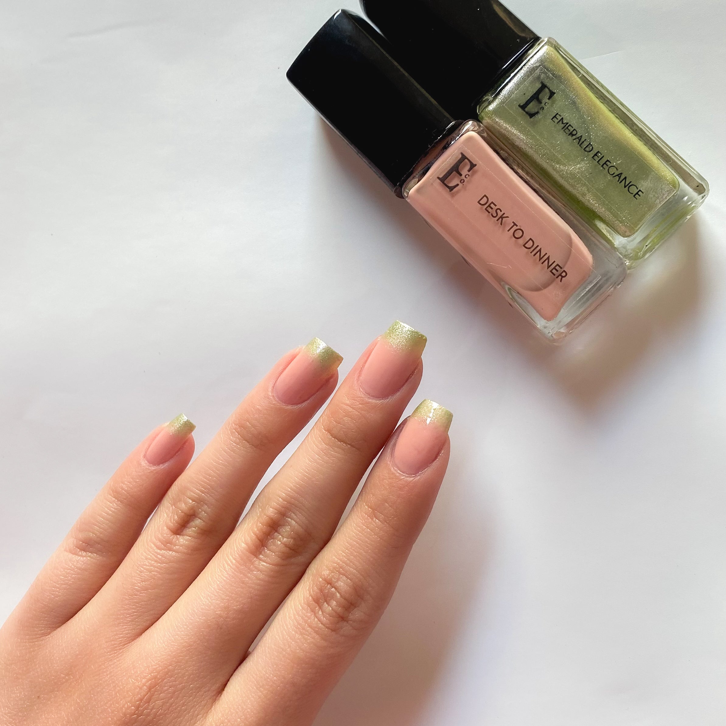 Sublime Shimmer Nail Polish Set – Nude and Metallic Green Shades for Elegant, Long-Lasting Nail Art