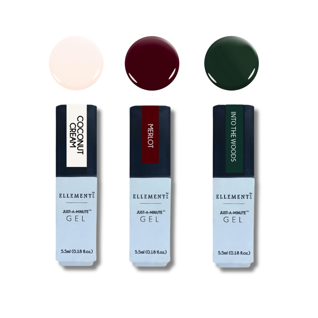 Festive Fling Gel Nail Polish Set – Pack of 3 Mini Long-Lasting Holiday Shades (Coconut Cream, Merlot, Into The Woods) – Chip-Resistant, High-Shine, Salon-Quality Manicure Gift Set.
