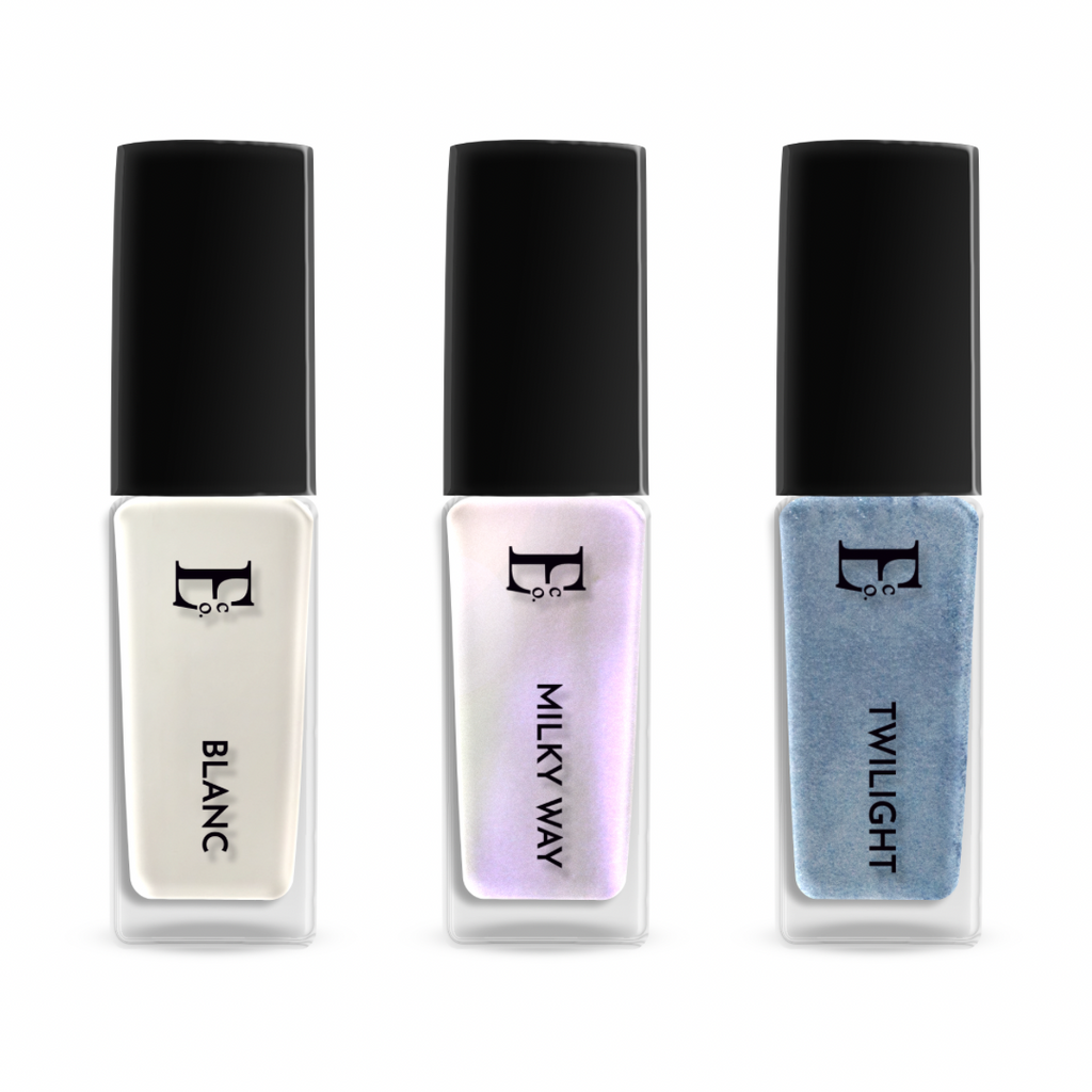 Ellement Co. Frosted Dreams 3-Piece Nail Polish Set – Winter White, Pearl Chrome Holographic, Blue Metallic – Long-Lasting, Quick-Dry, High-Shine.