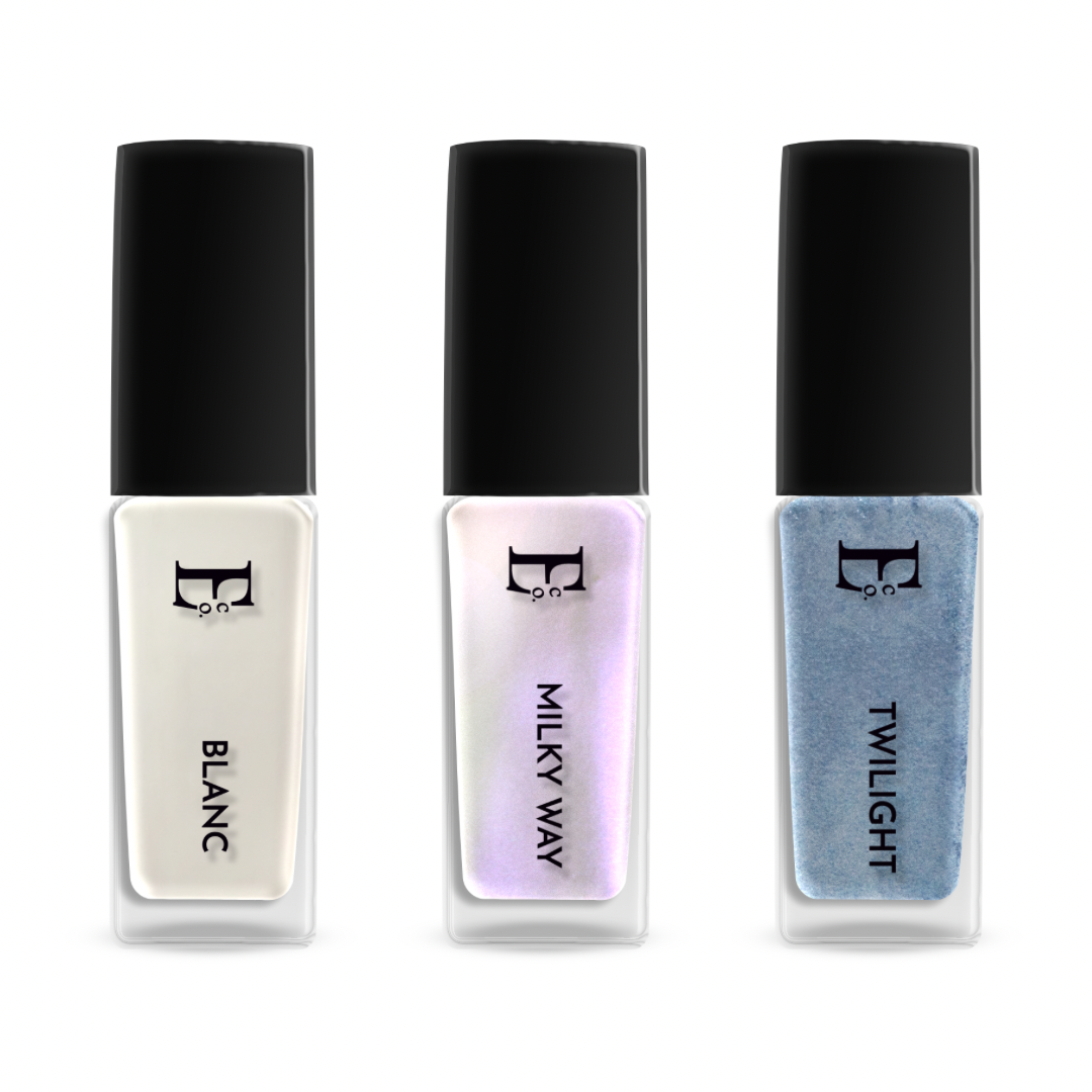 Ellement Co. Frosted Dreams 3-Piece Nail Polish Set – Winter White, Pearl Chrome Holographic, Blue Metallic – Long-Lasting, Quick-Dry, High-Shine.