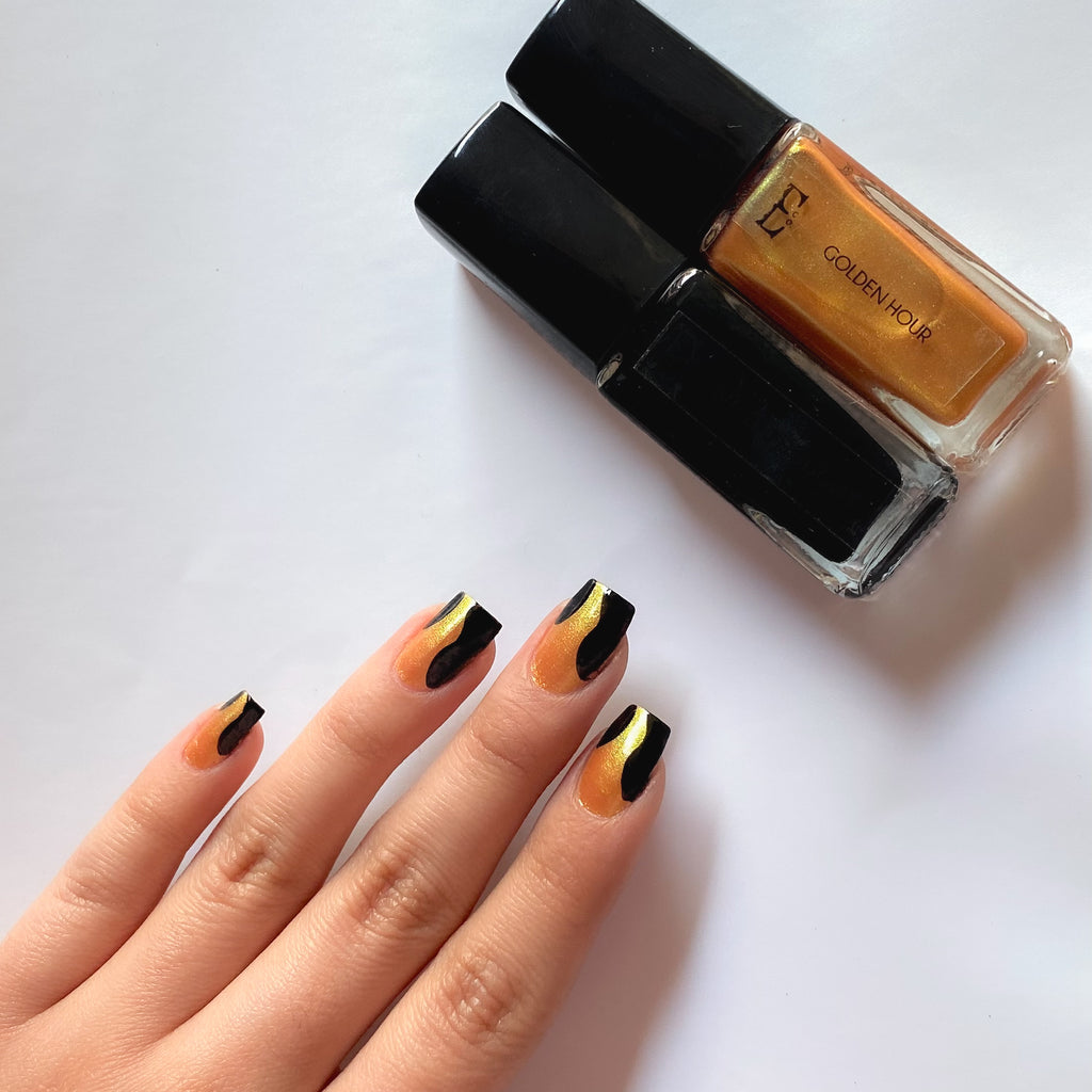 gLIT AF Nail Polish Set – Metallic Orange Base With Bold Black & Golden Shades, Long-Lasting Shine