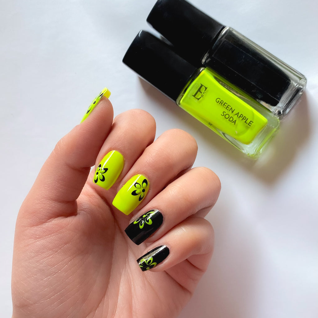 Black Petal Pop Nail Polish Set – Wild Thoughts Black & Green Apple Soda Neon Green Shades for Bold Petal Nail Art