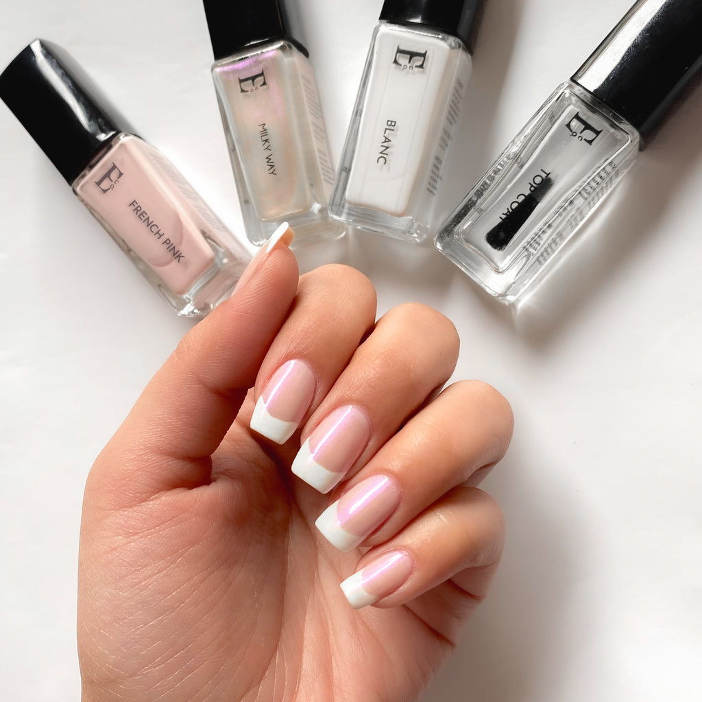 Timeless Elegance Nail Polish Set – French Pink, Blanc White, Milky Way Holographic Chrome & Gloss Top Coat