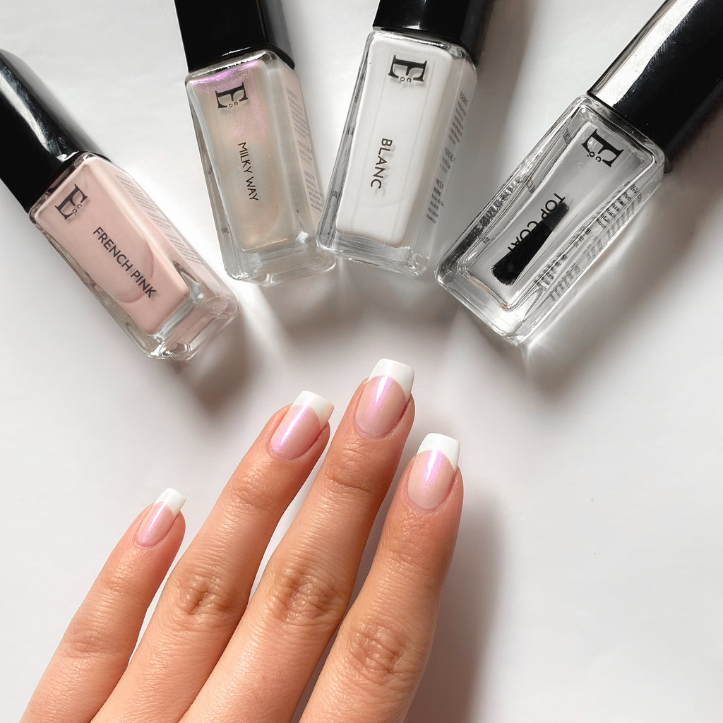 Timeless Elegance Nail Polish Set – French Pink, Blanc White, Milky Way Holographic Chrome & Gloss Top Coat