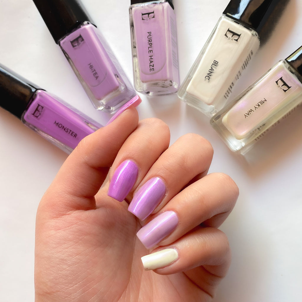 Lavender Love Nail Polish Set – 5-Piece Purple and White Collection (Monster, Hi-Tea, Purple Haze, Milky Way, Blanc)