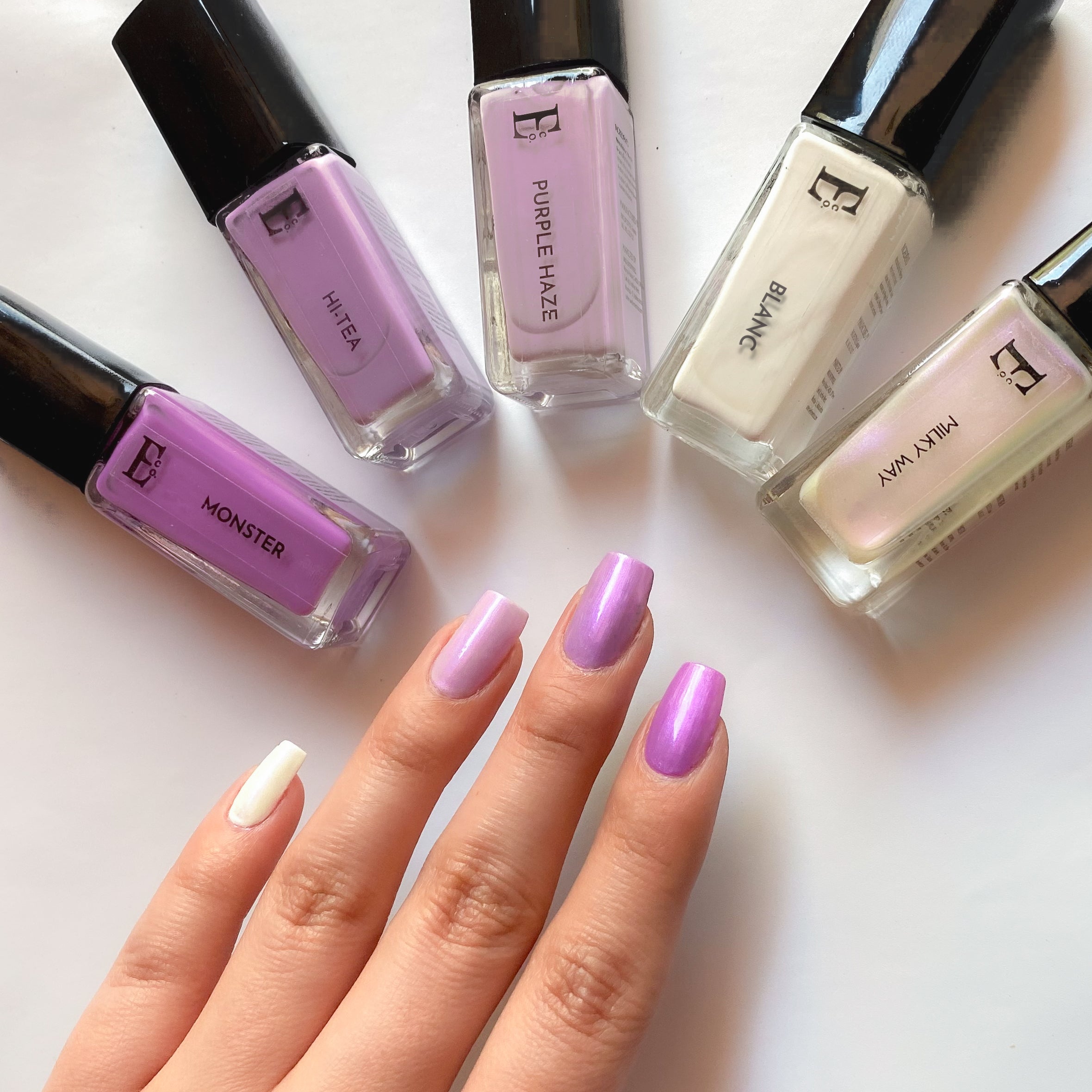 Lavender Love Nail Polish Set – 5-Piece Purple and White Collection (Monster, Hi-Tea, Purple Haze, Milky Way, Blanc)